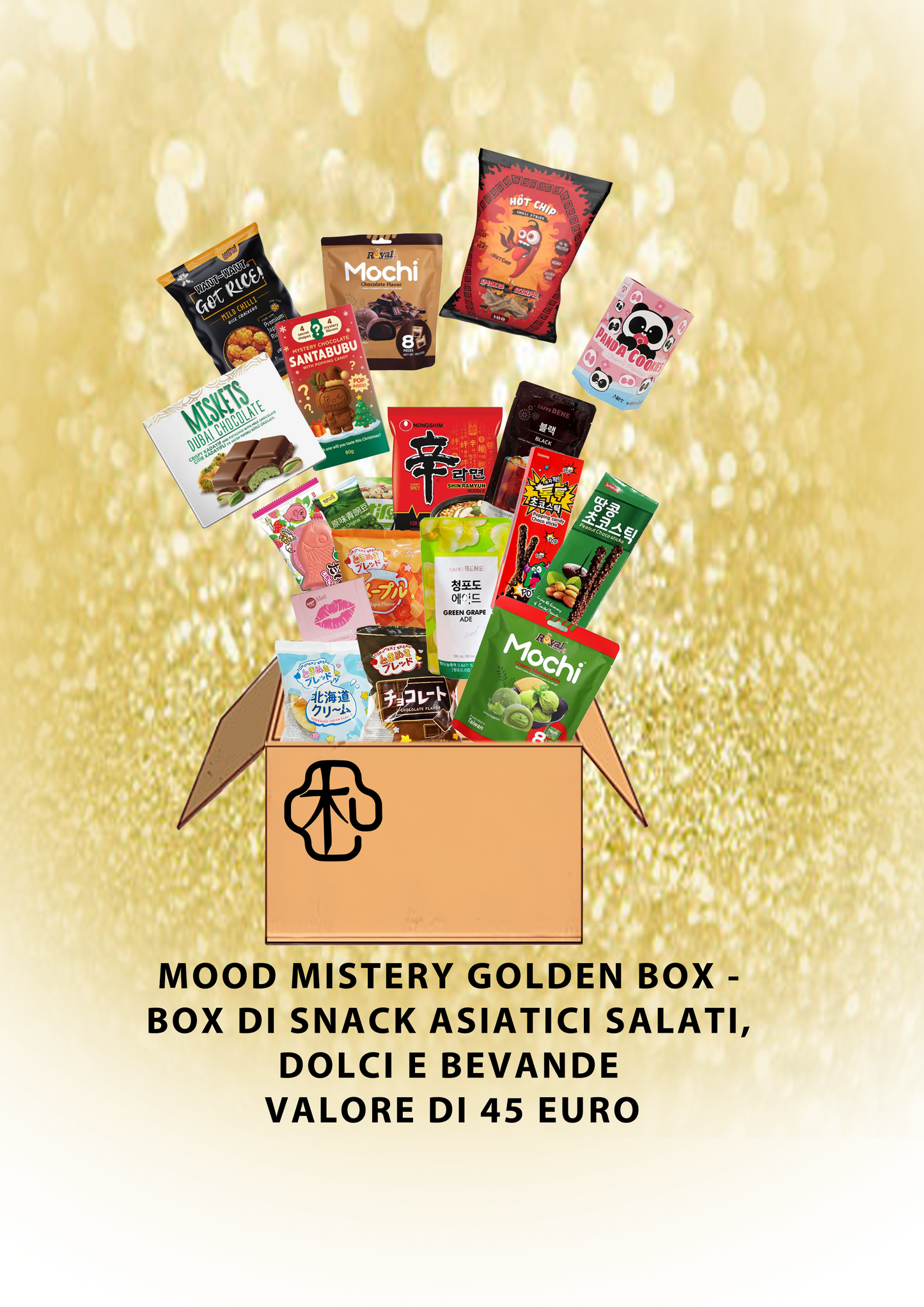 MOOD MISTERY GOLDEN BOX– BOX DI SNACK ASIATICI SALATI DOLCI E BEVANDE – VALORE 45€