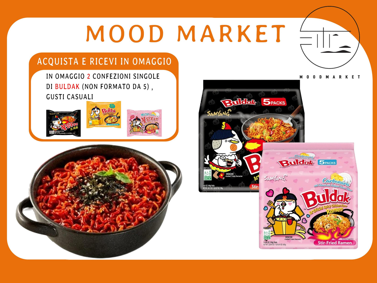 Ramen Buldak Piccante Classico e Carbonara Confezioni 5x140g - Acquista 2 Ricevi 2 Pacchetti Singoli in Omaggio