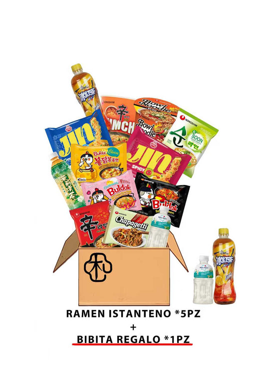 BOX DI NOODLES ISTANTANEI A SORPRESA – 5 PEZZI + 1 BIBITA IN OMAGGIO